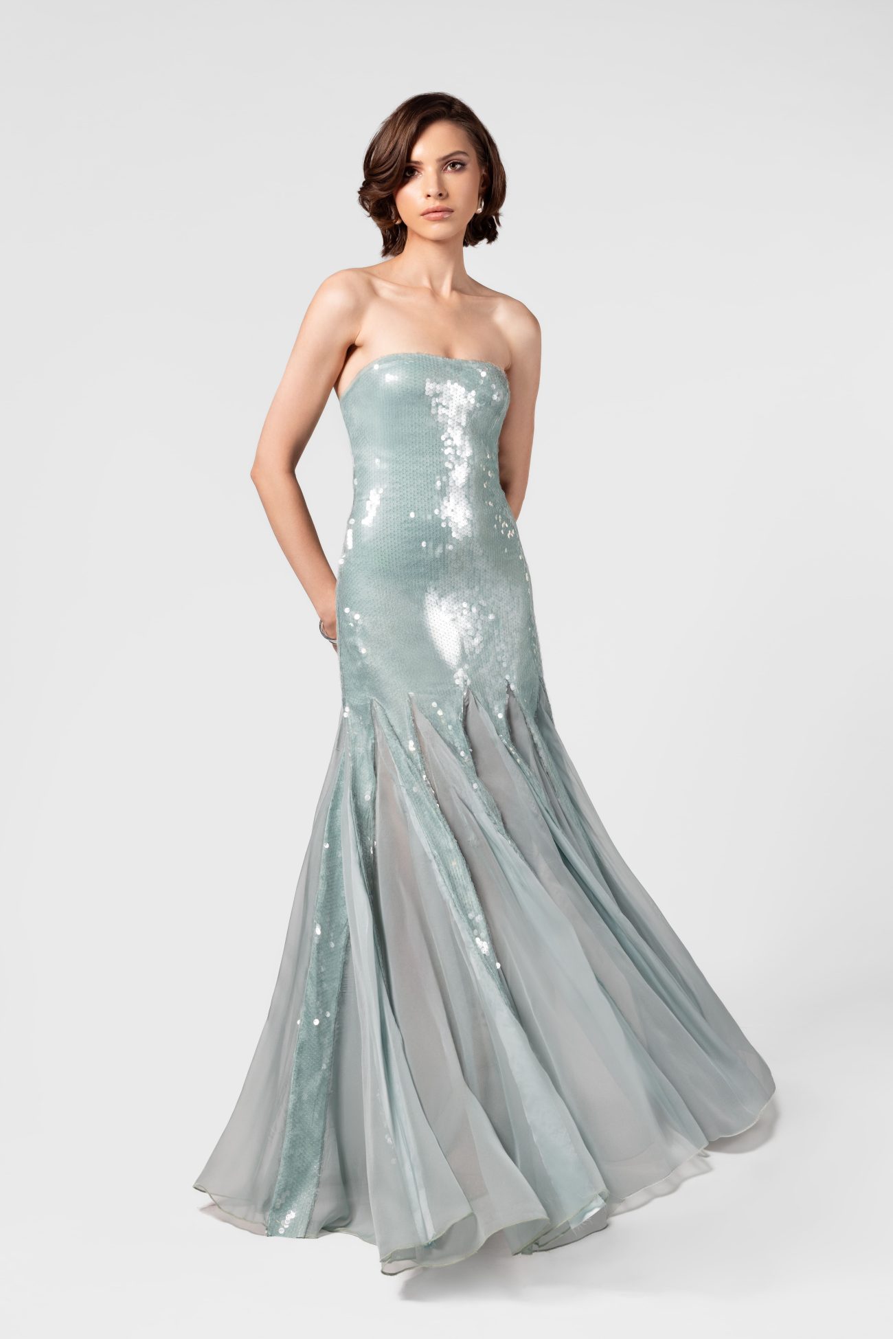 Liquid Sequins Mermaid Mint Blue Maxi Dress with Silk Chiffon