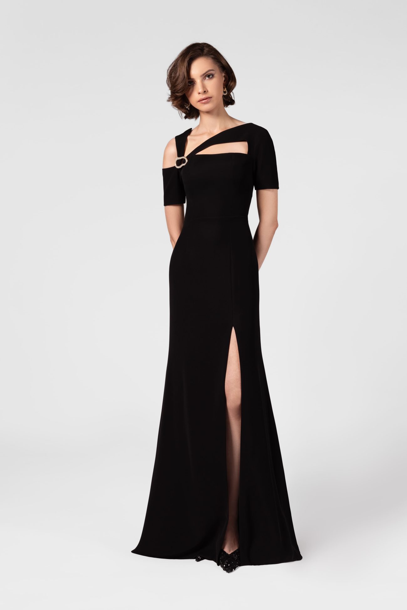 Cut out Black Crepe Maxi Dress with Diamond Hardware
