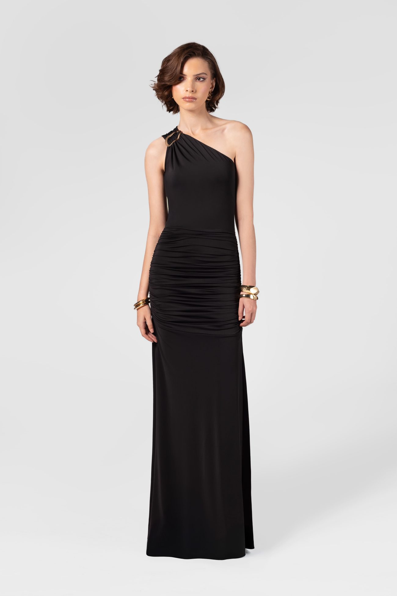 One shoulder Ruched Black Maxi Dress with Hardware