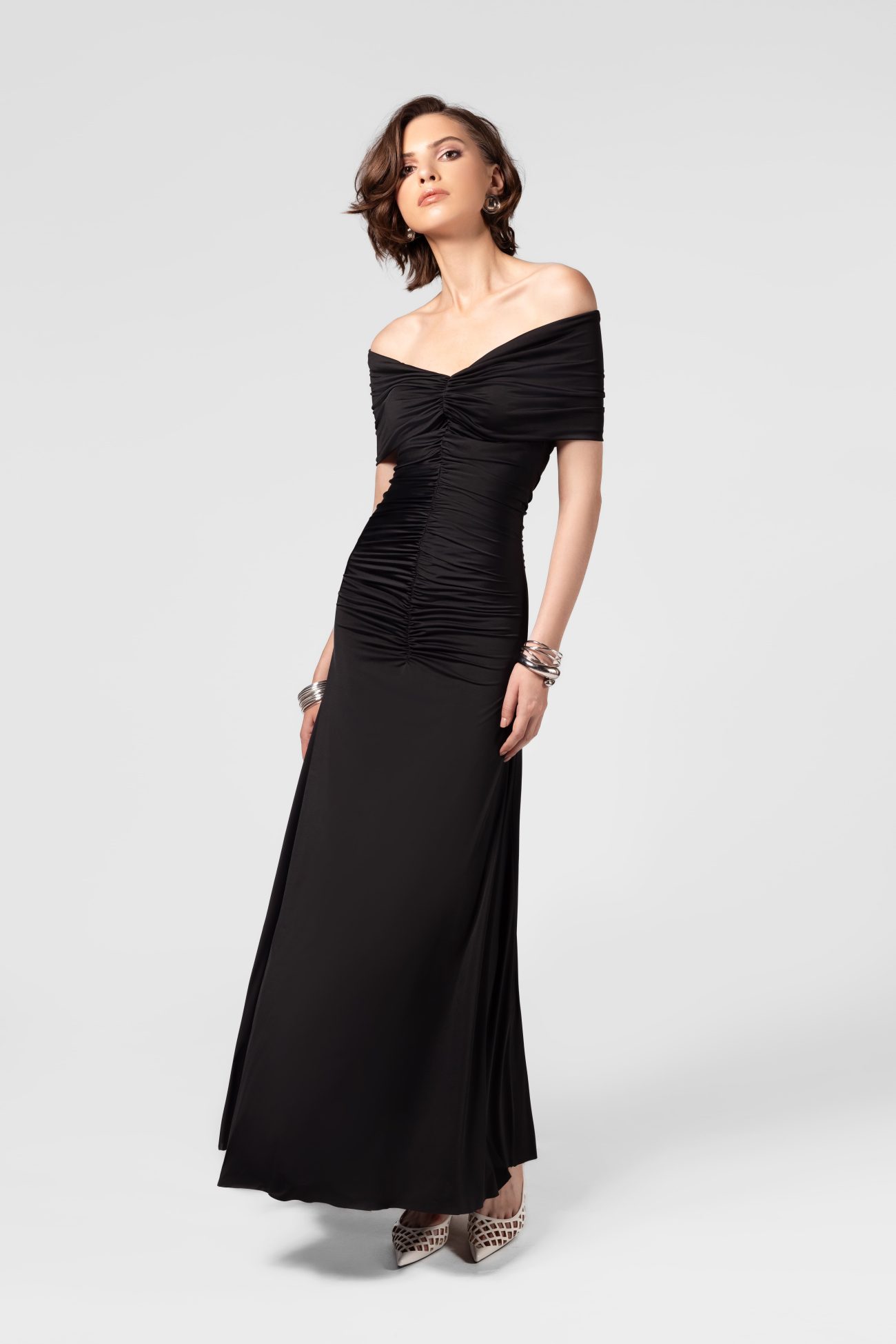 Off-shoulder Ruched Black Midi Dress