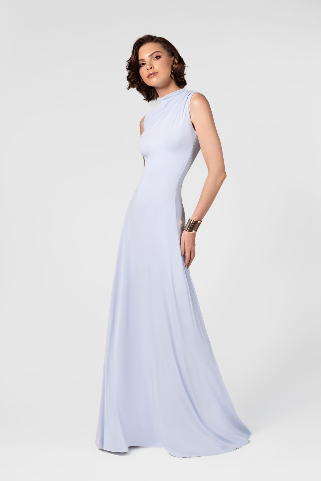 Ruched High Neck Ice Blue Maxi Dress
