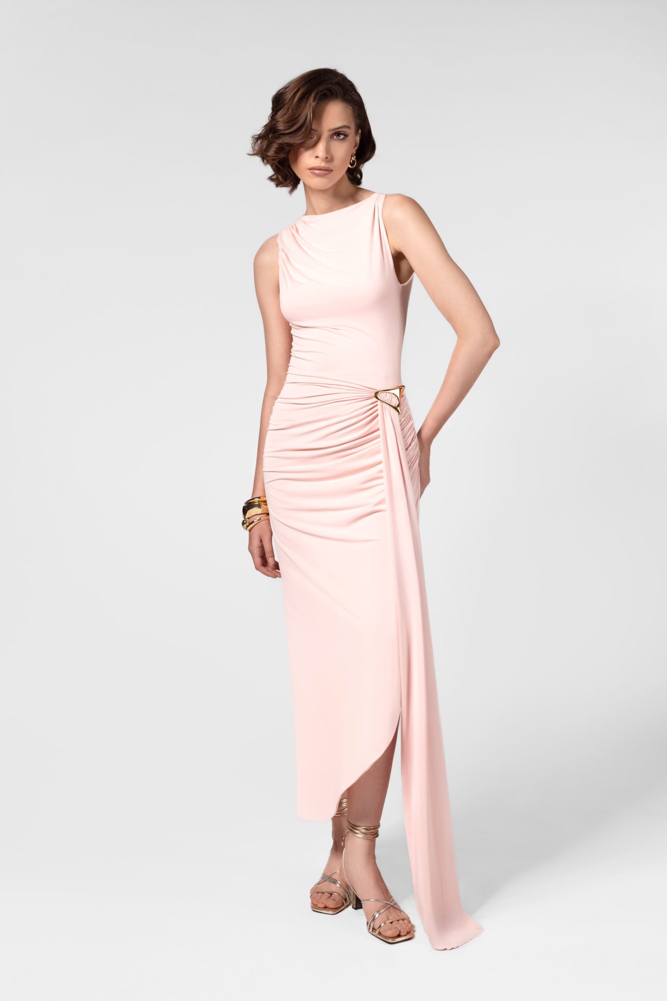 Ruched Petal Pink Midi Dress with Hardware