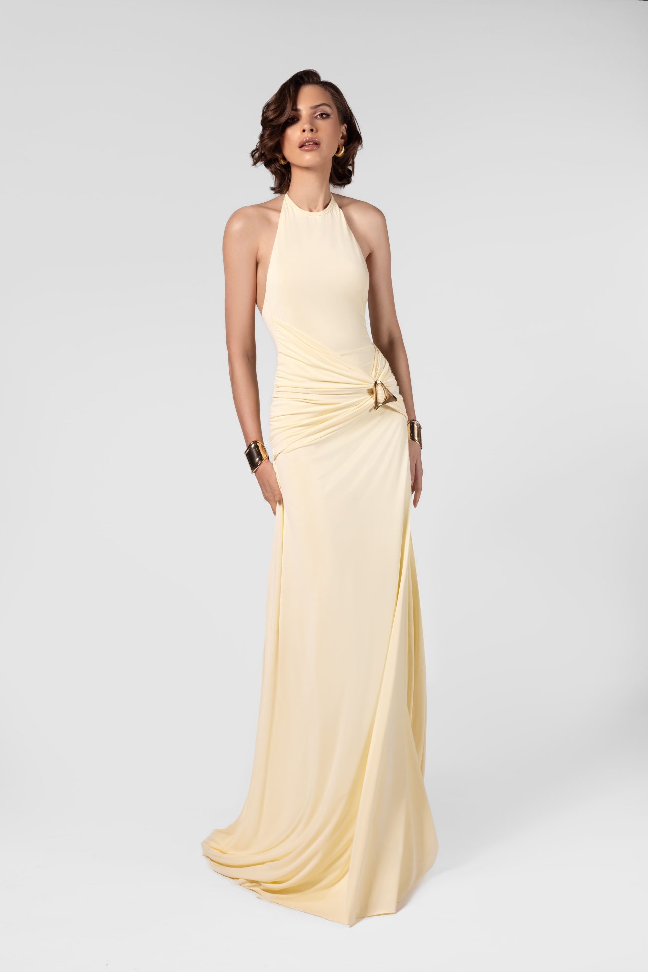 Ruched Butter Yellow Halter Neck Maxi Dress with Hardware
