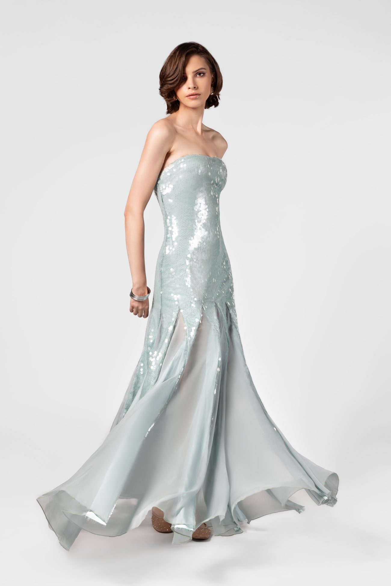 Liquid Sequins Mermaid Mint Blue Maxi Dress with Silk Chiffon - Image 2