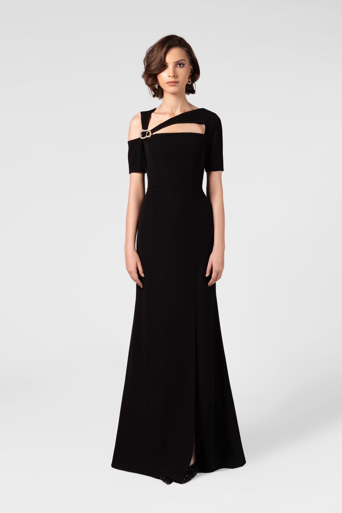 Cut out Black Crepe Maxi Dress with Diamond Hardware - Image 2