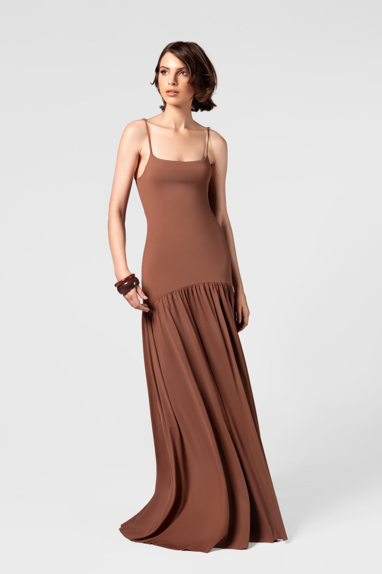 Drop Waist Scalloped Mocha Mousse Maxi Dress - Image 2