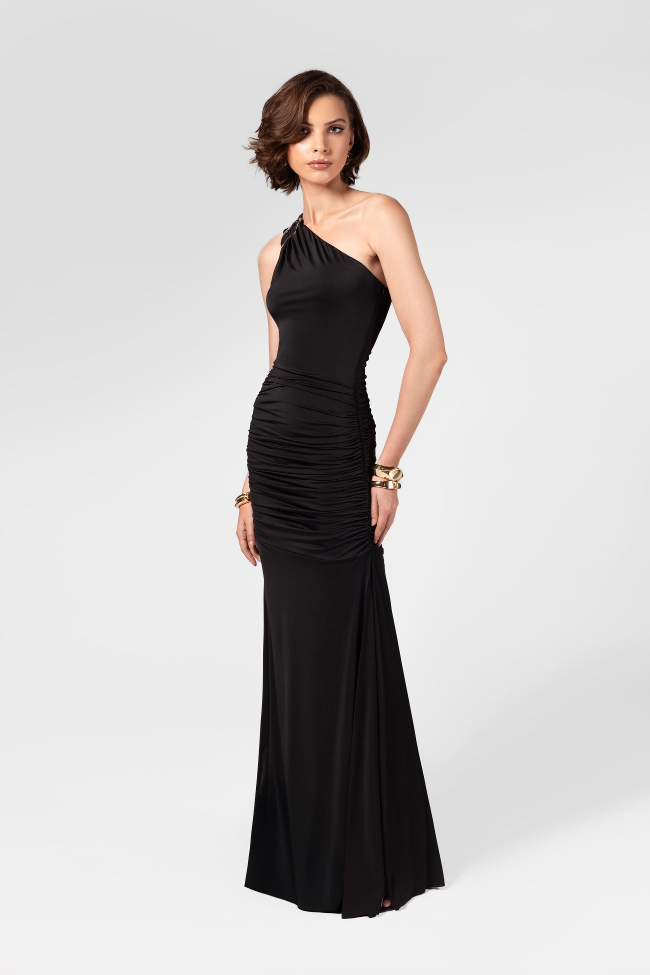 One shoulder Ruched Black Maxi Dress with Hardware - Image 2
