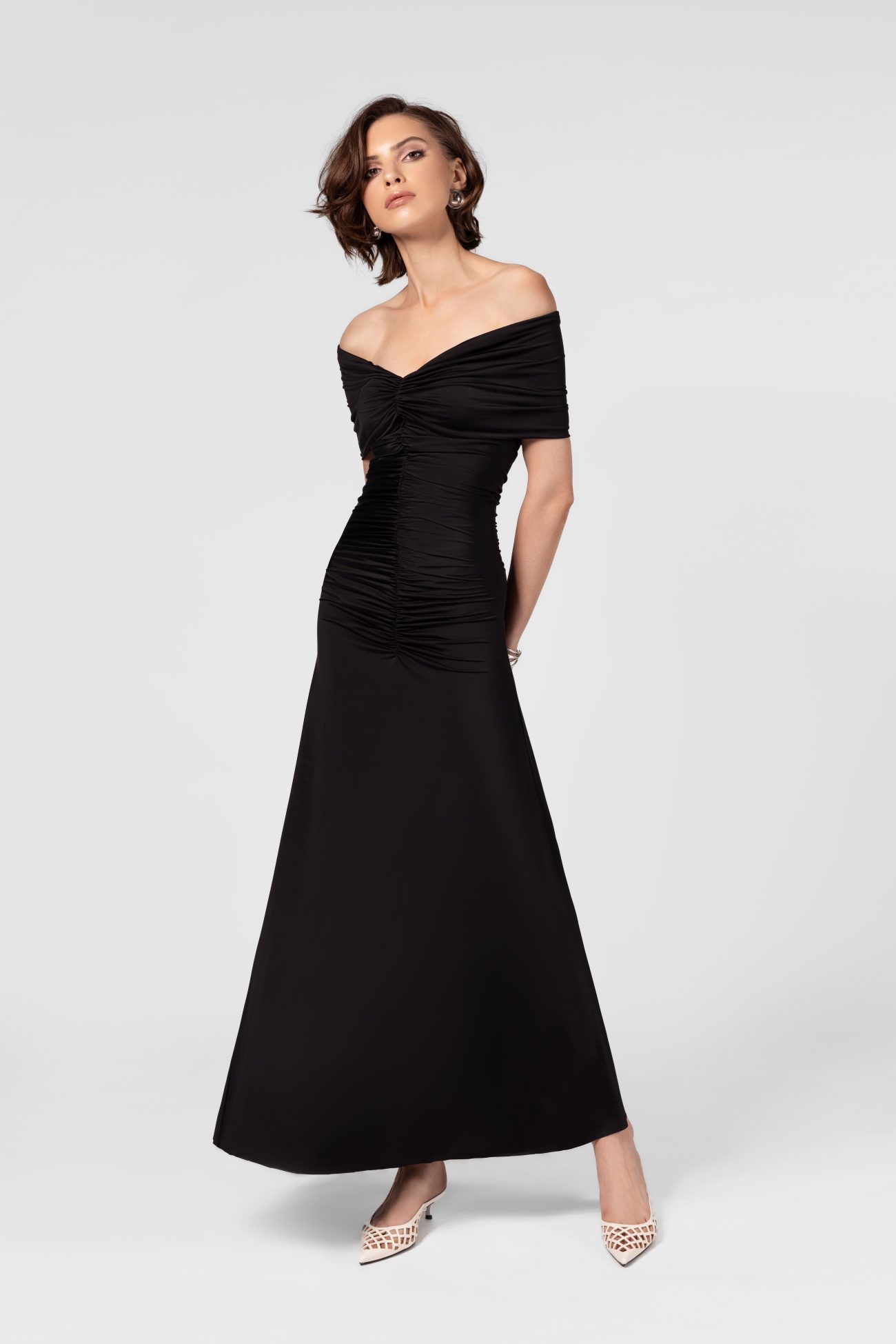 Off-shoulder Ruched Black Midi Dress - Image 2