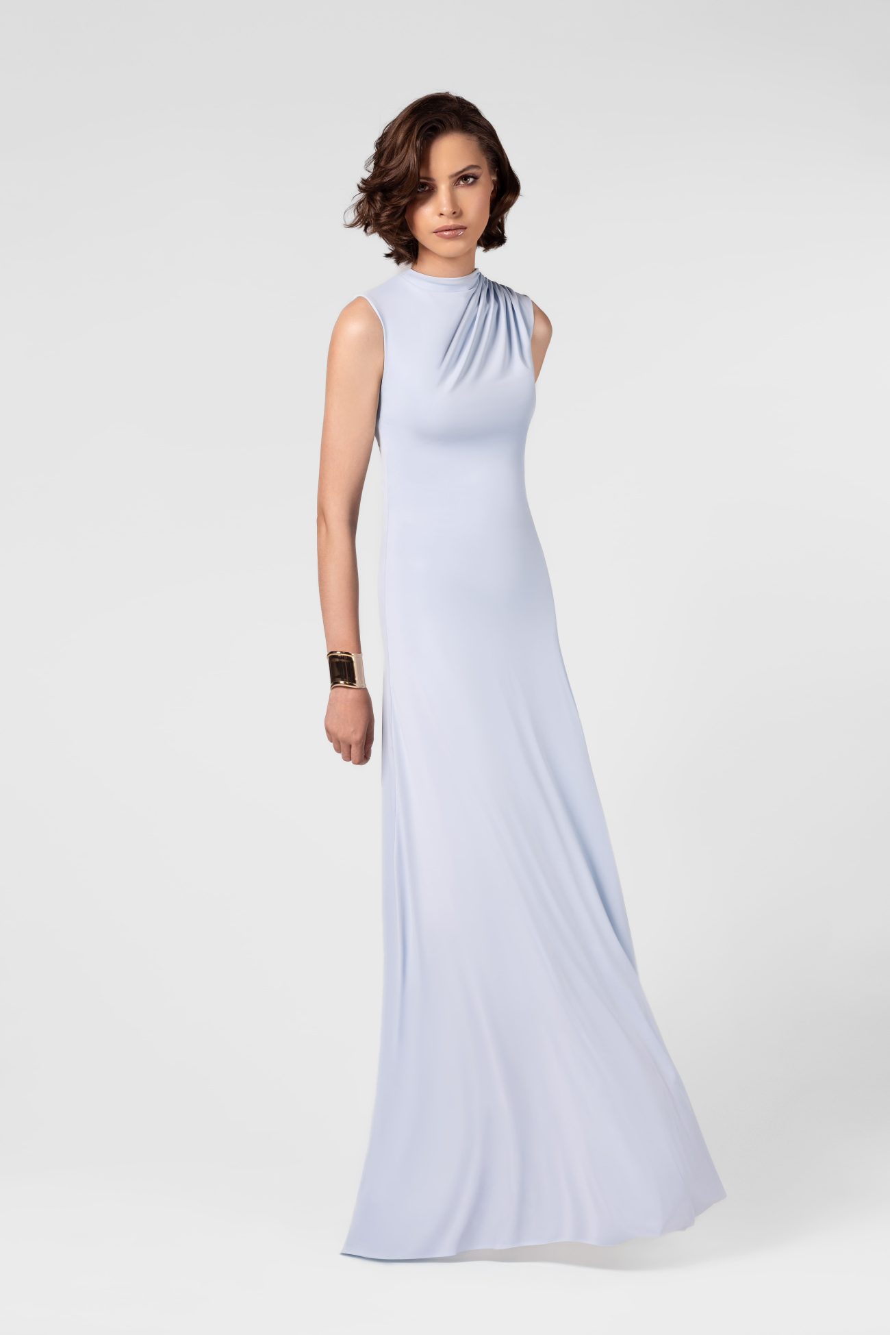 Ruched High Neck Ice Blue Maxi Dress - Image 2