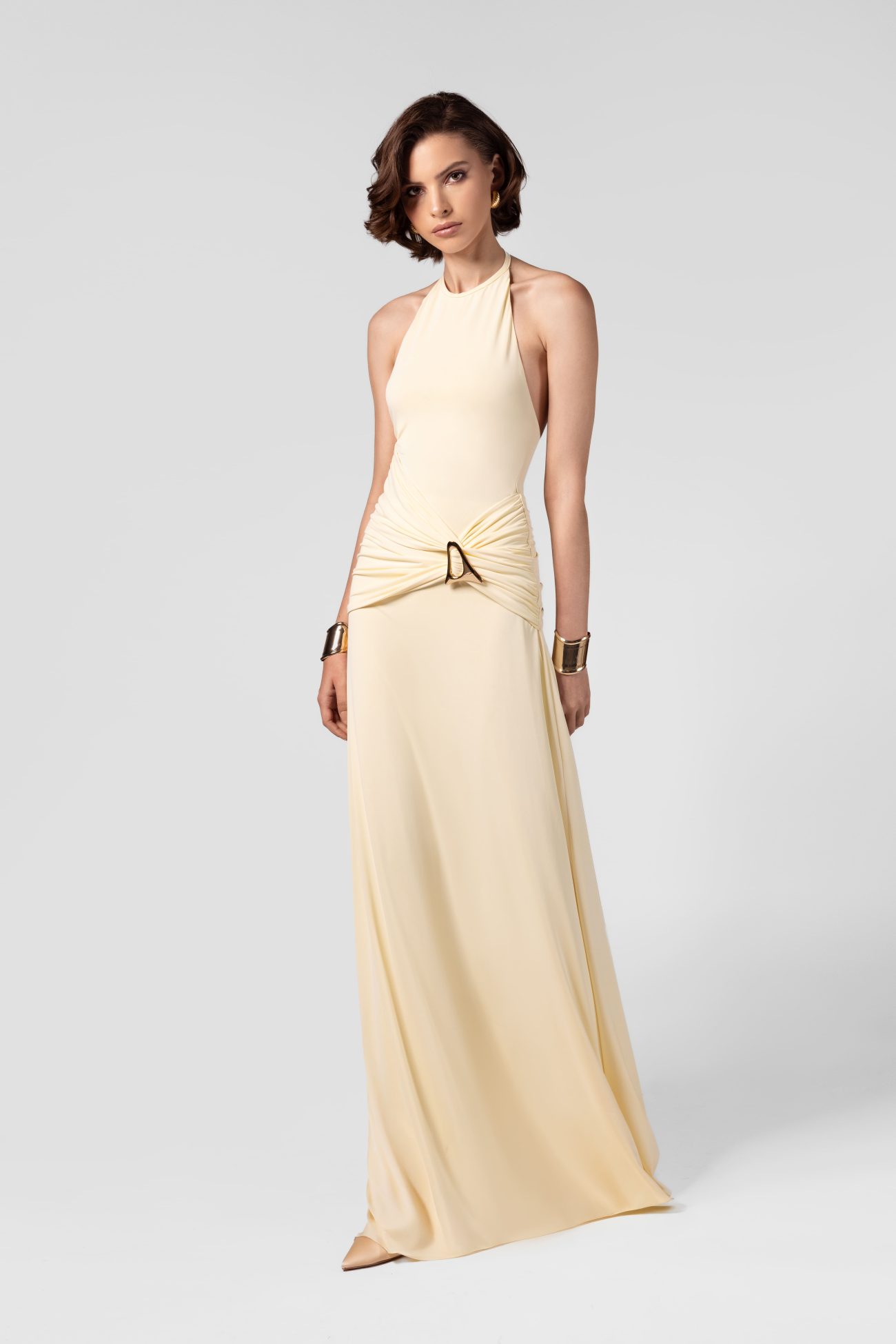Ruched Butter Yellow Halter Neck Maxi Dress with Hardware - Image 2
