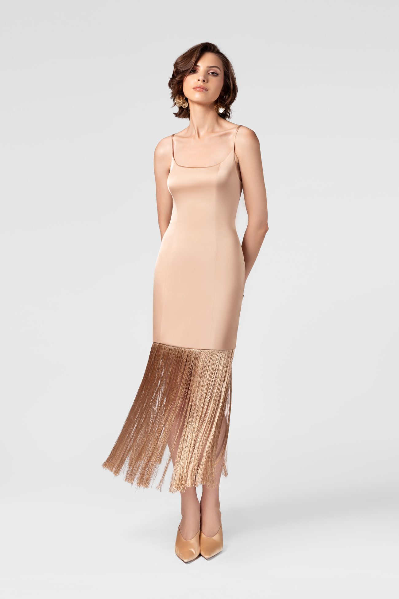 Silk Gold Midi Dress with Gold Tassles - Image 2