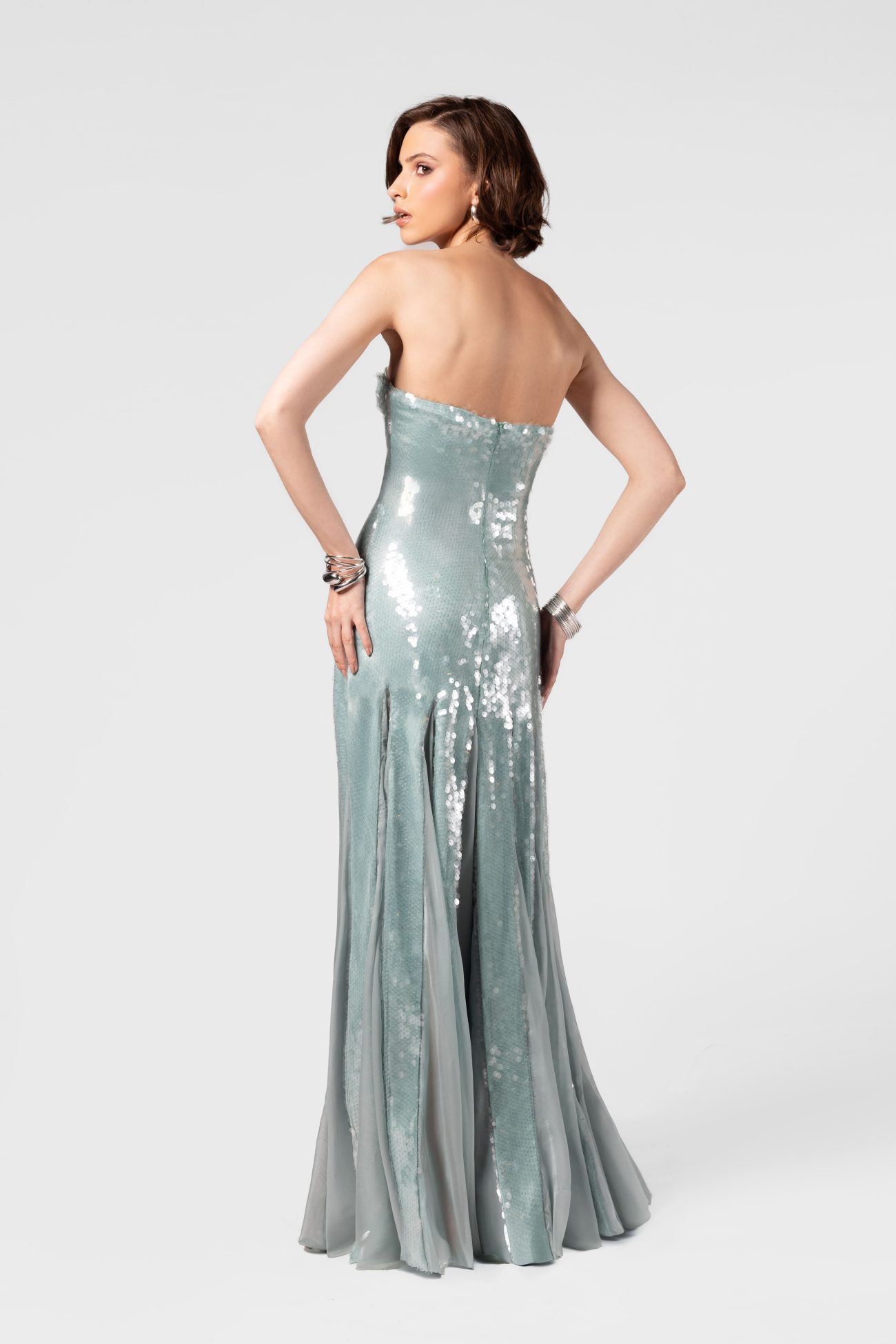 Liquid Sequins Mermaid Mint Blue Maxi Dress with Silk Chiffon - Image 3