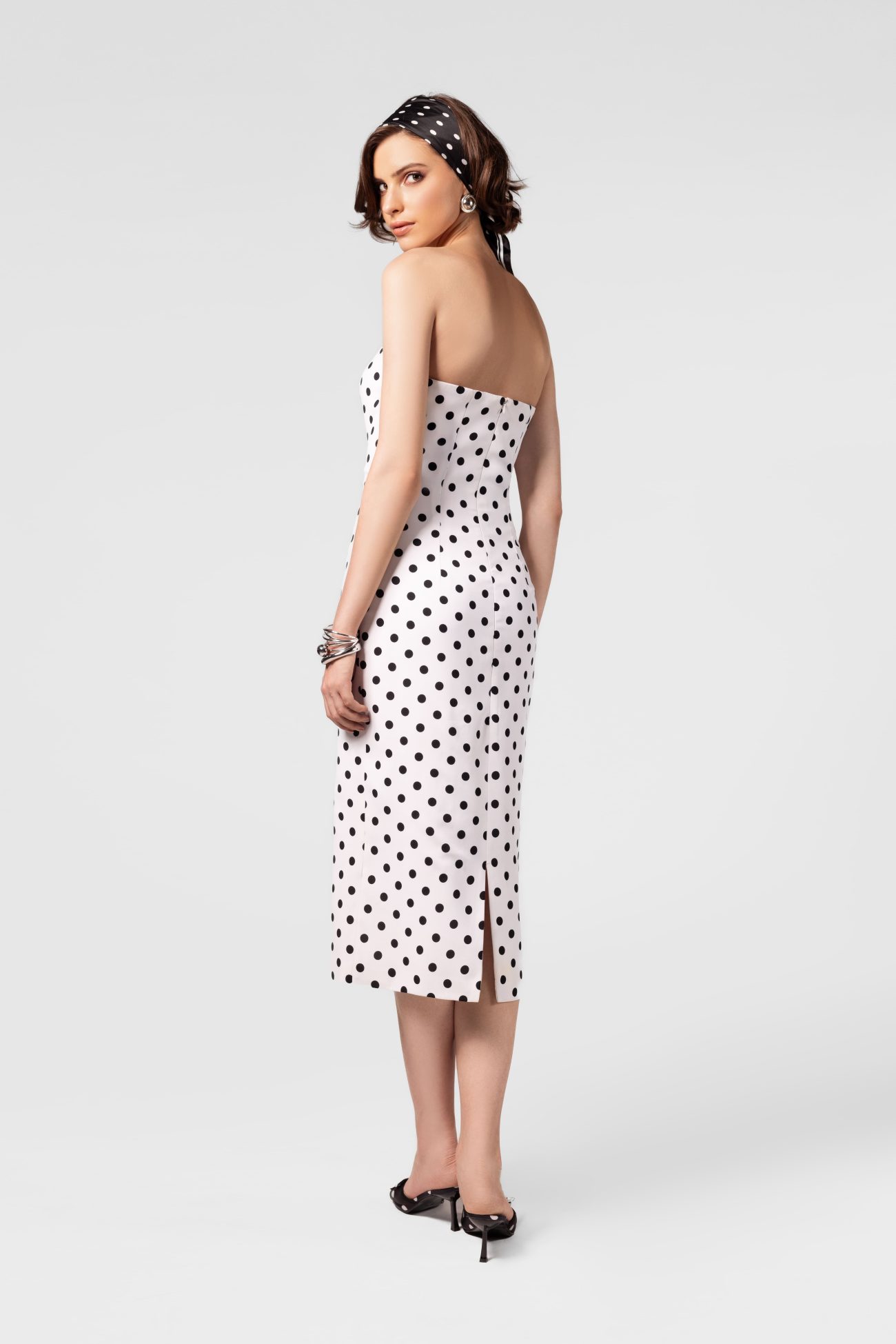 Strapless Polka Dot Linen Midi Dress - Image 3