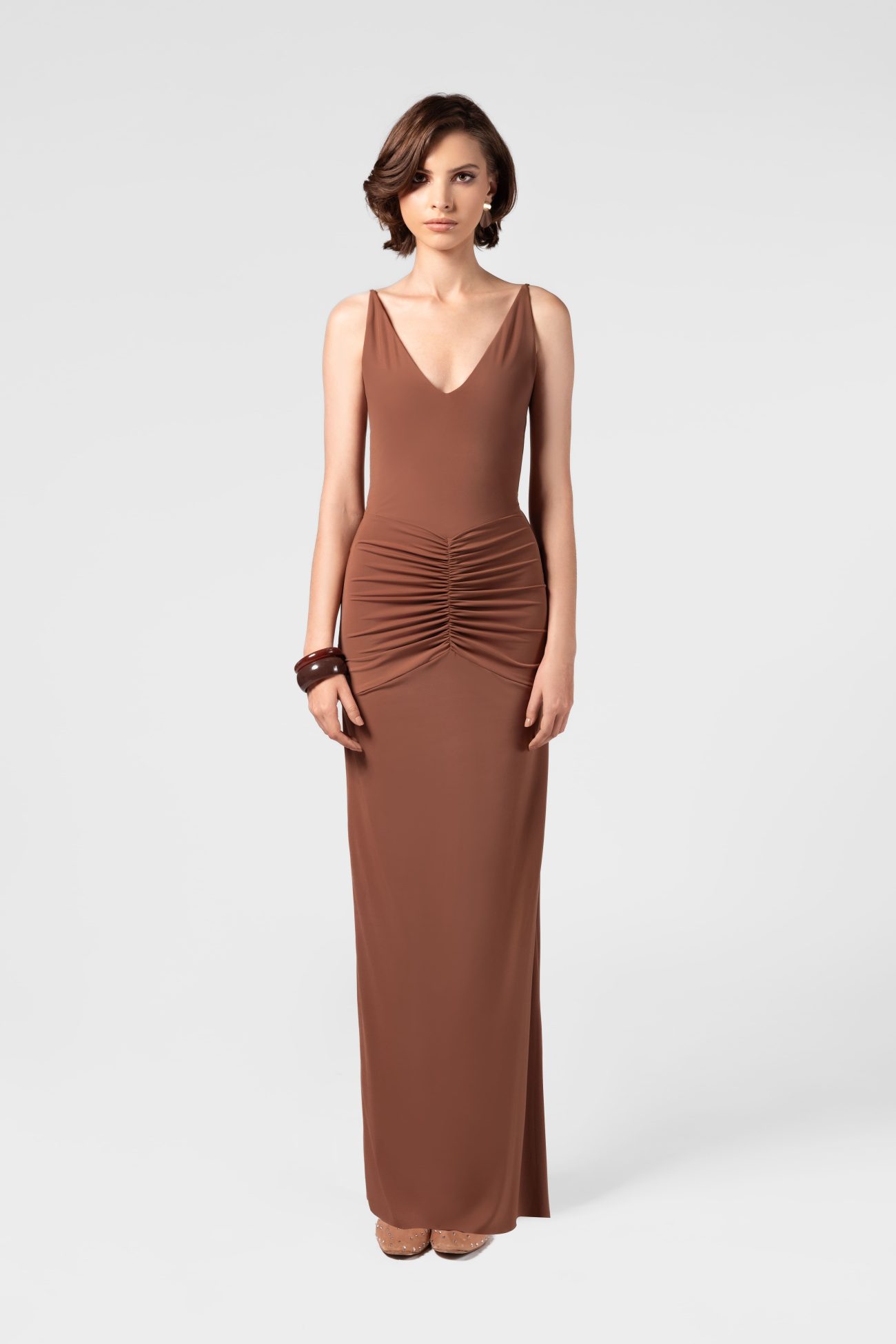 Drop Waist Ruched Mocha Mousse Maxi Dress - Image 3