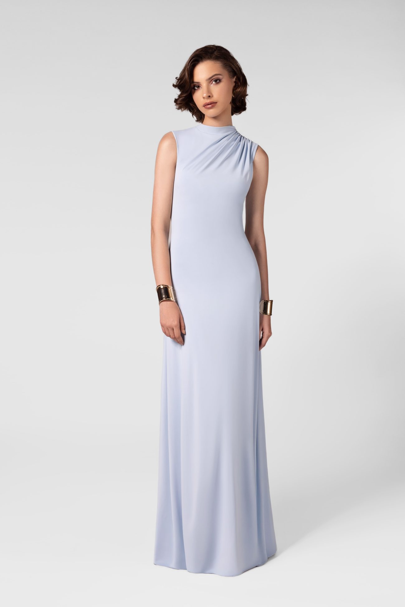 Ruched High Neck Ice Blue Maxi Dress - Image 3