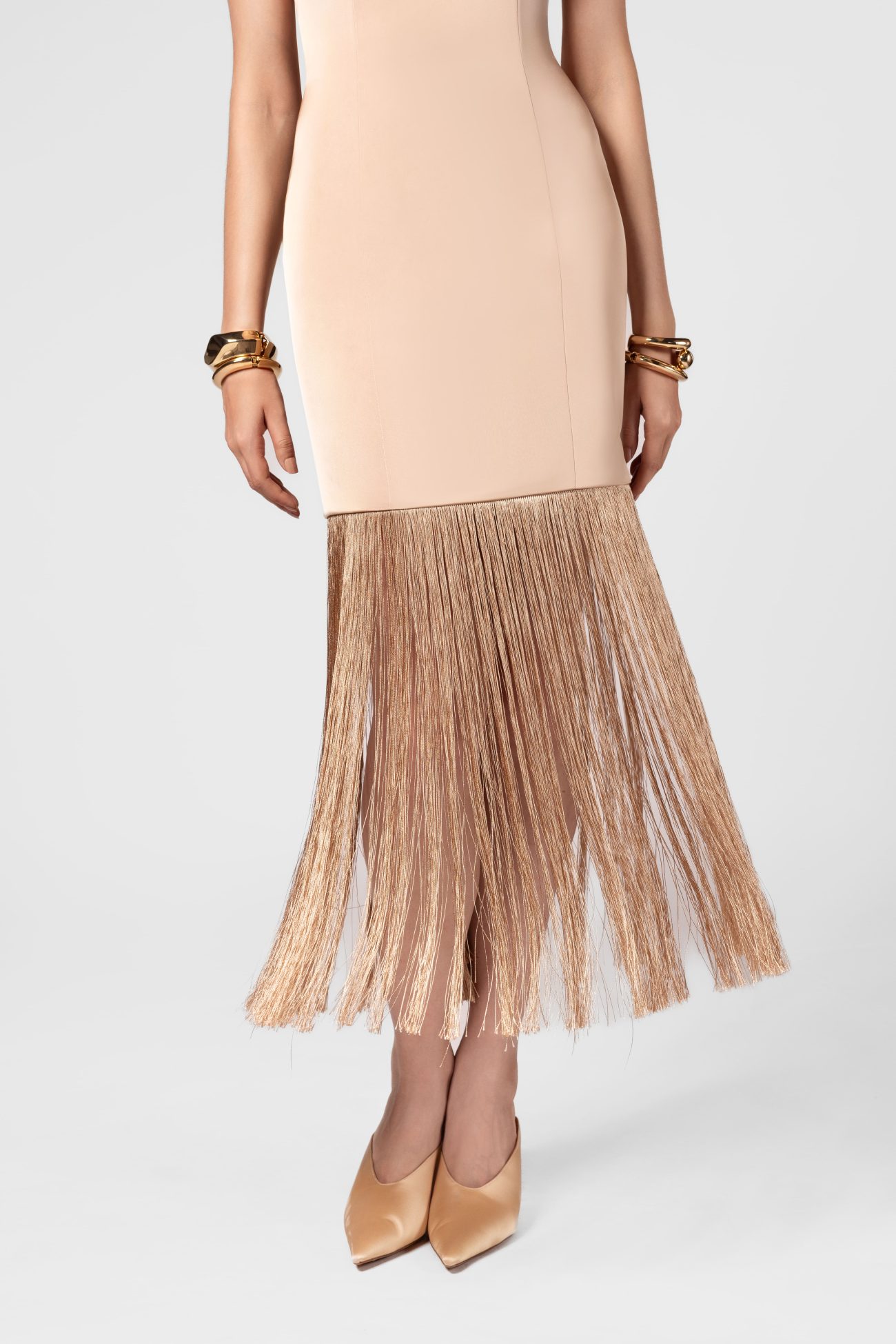 Silk Gold Midi Dress with Gold Tassles - Image 3