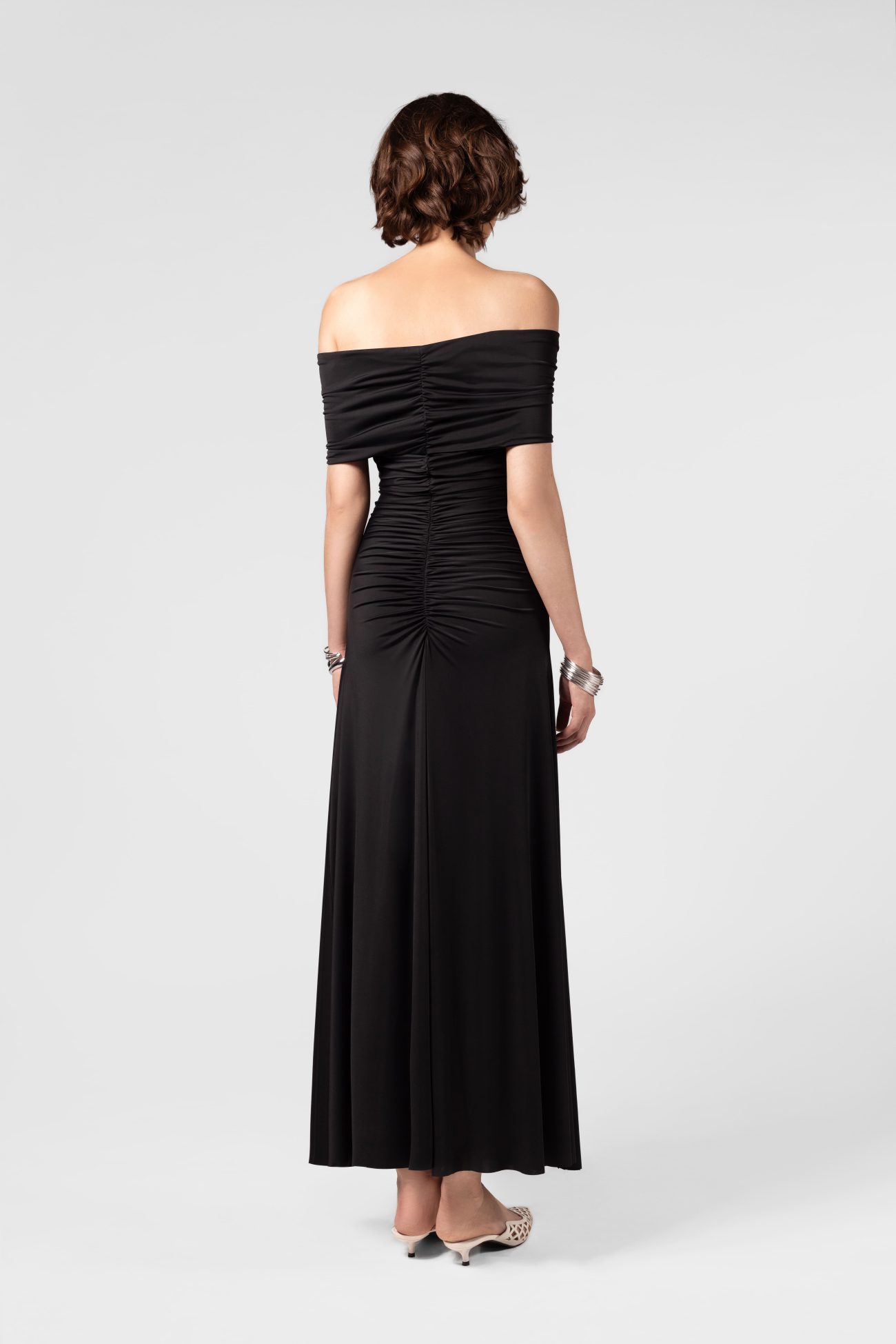 Off-shoulder Ruched Black Midi Dress - Image 4