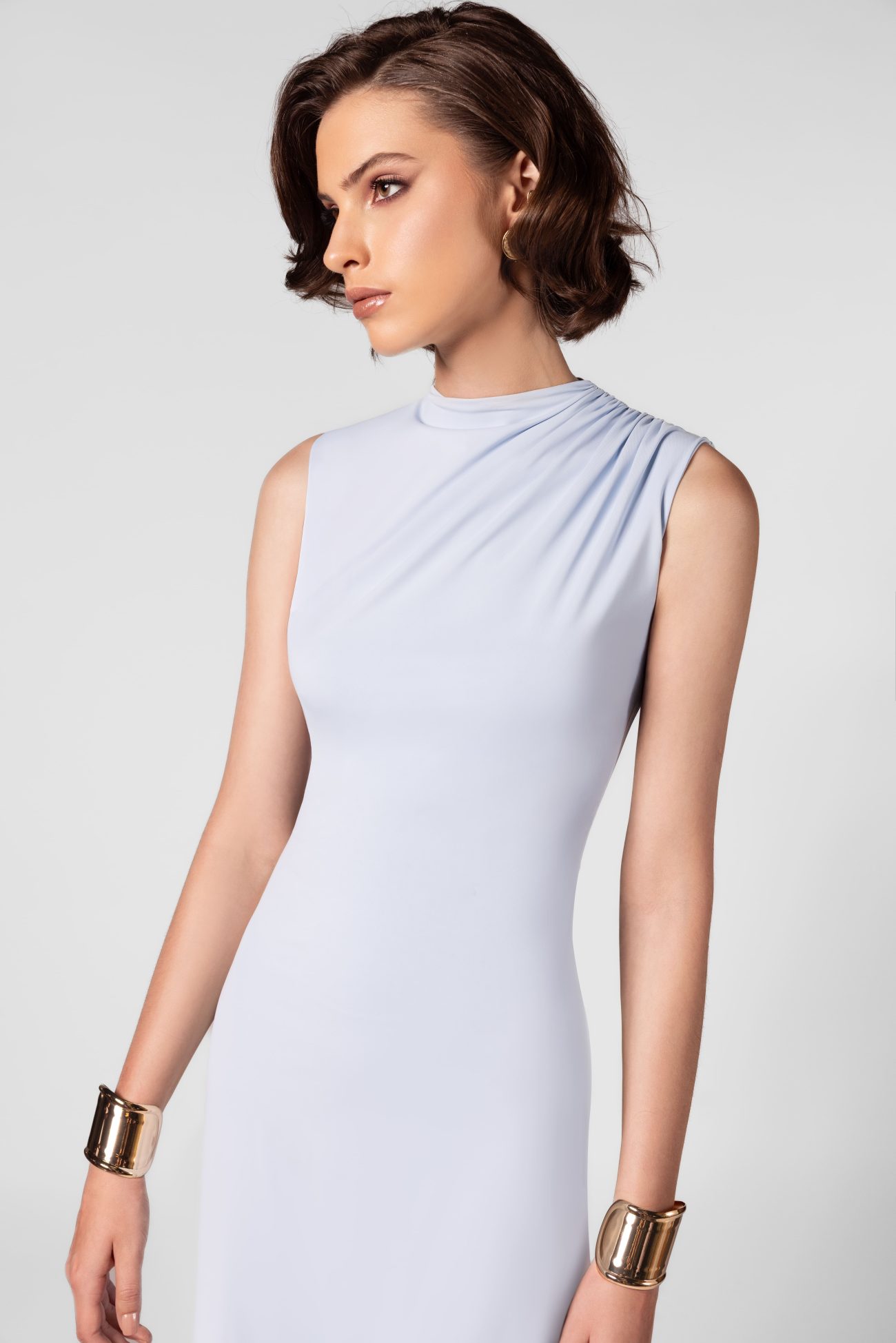 Ruched High Neck Ice Blue Maxi Dress - Image 4