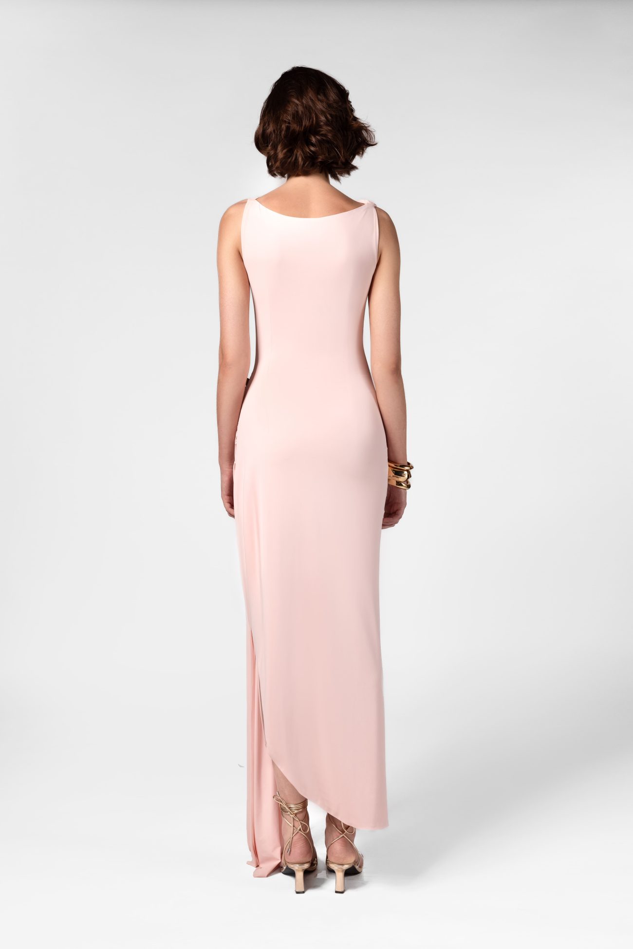 Ruched Petal Pink Midi Dress with Hardware - Image 4