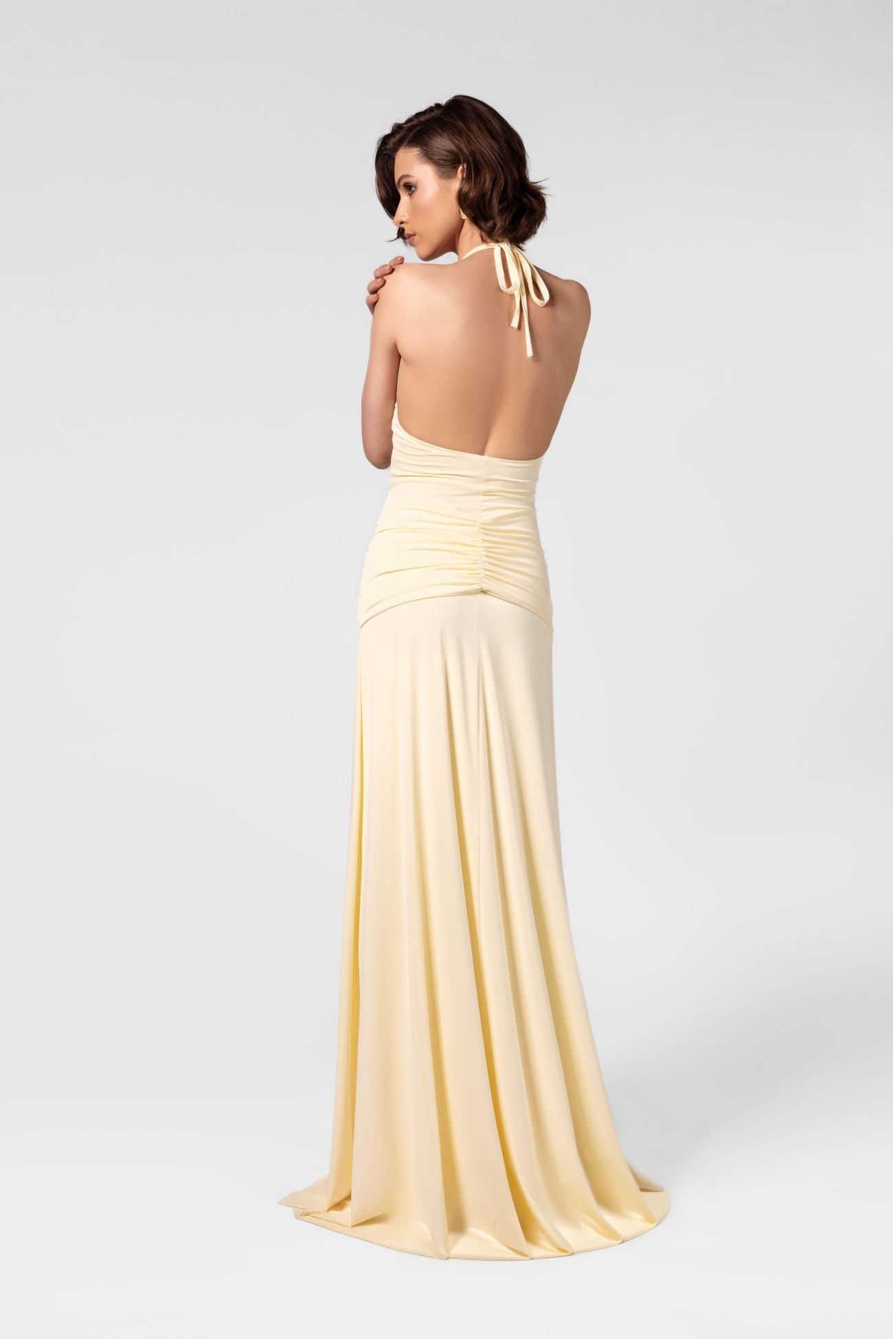 Ruched Butter Yellow Halter Neck Maxi Dress with Hardware - Image 4