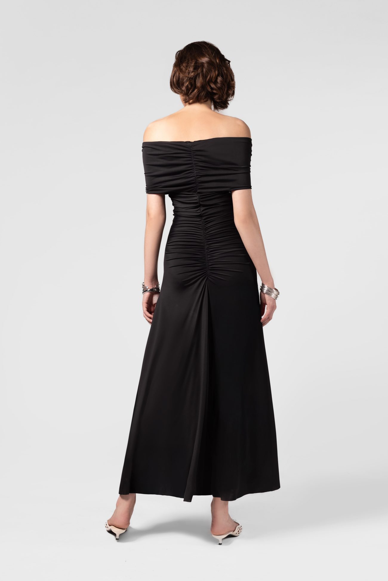 Off-shoulder Ruched Black Midi Dress - Image 5