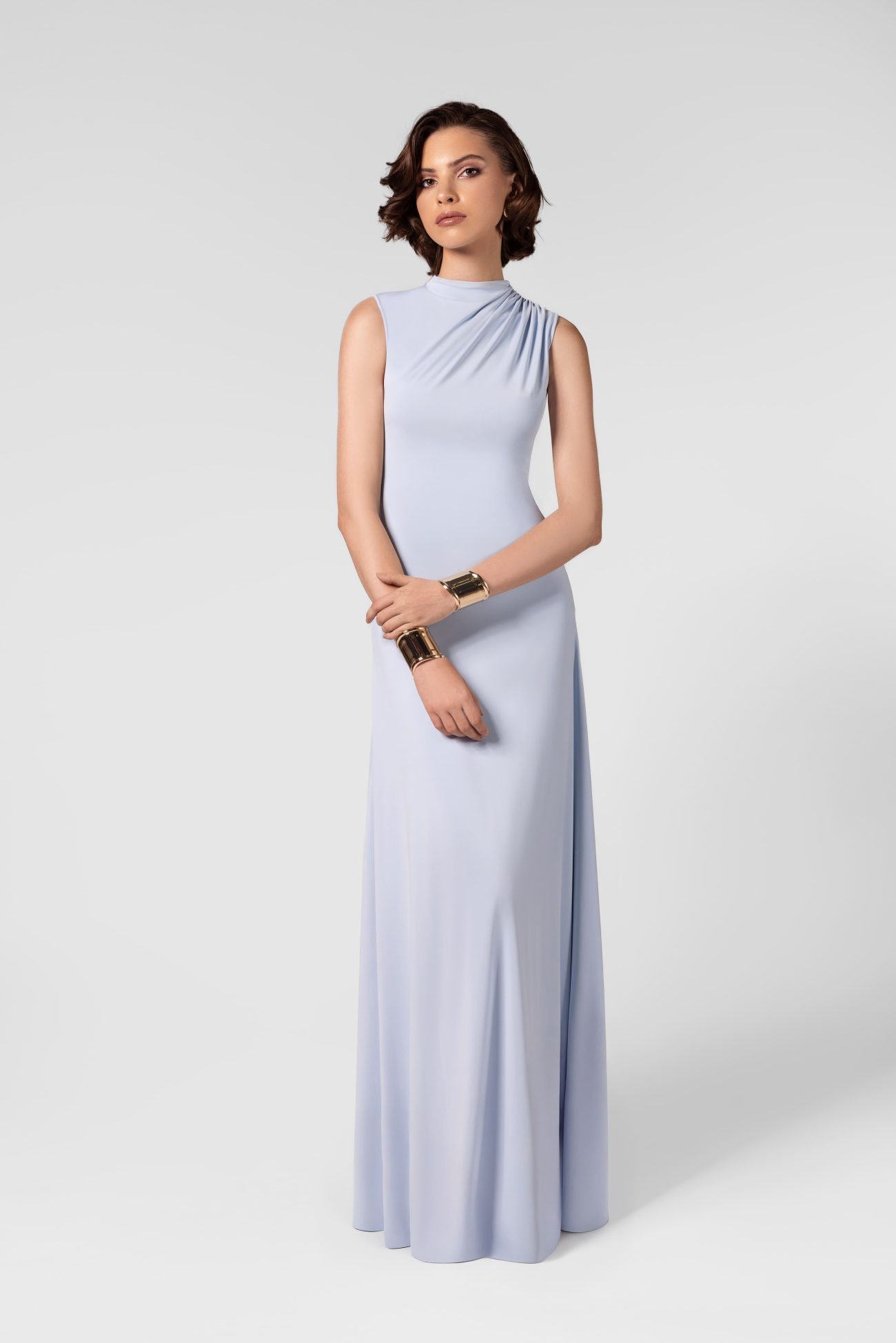 Ruched High Neck Ice Blue Maxi Dress - Image 5