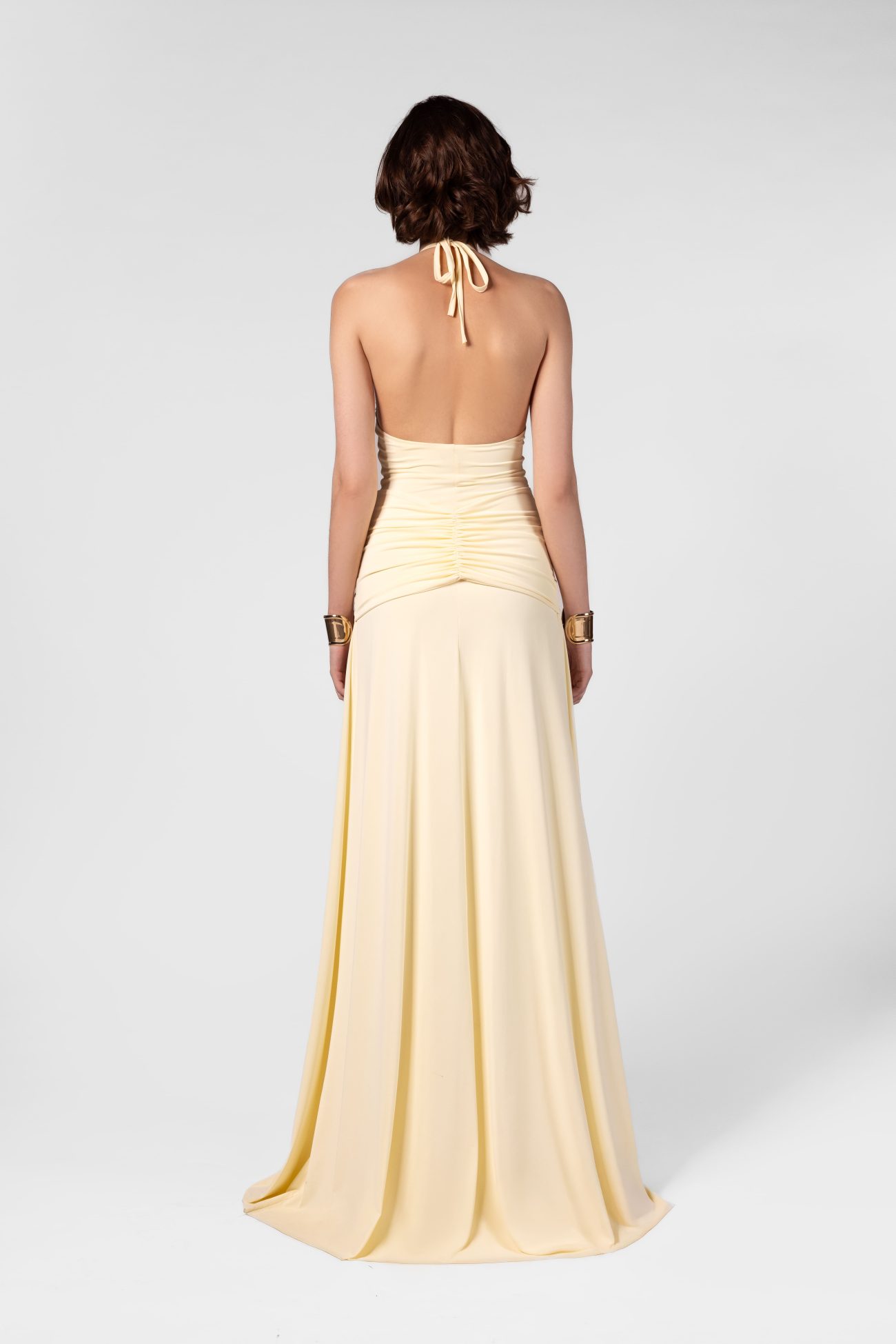 Ruched Butter Yellow Halter Neck Maxi Dress with Hardware - Image 5