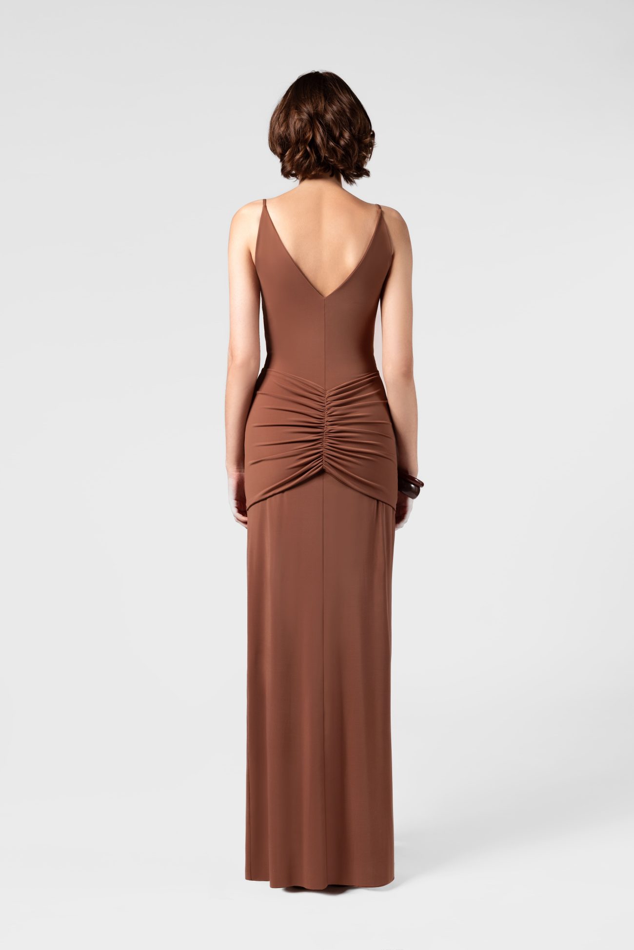 Drop Waist Ruched Mocha Mousse Maxi Dress - Image 5