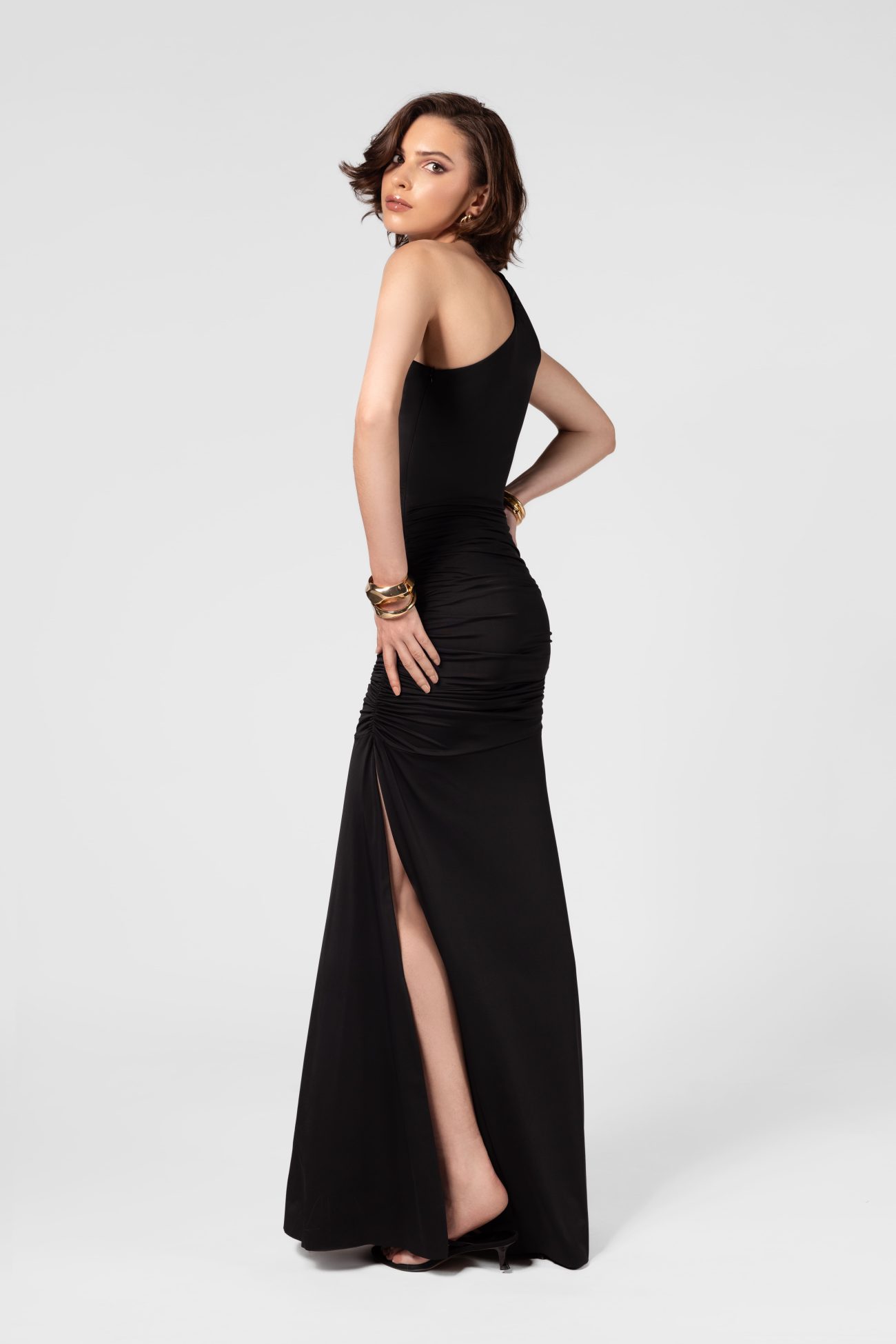 One shoulder Ruched Black Maxi Dress with Hardware - Image 5