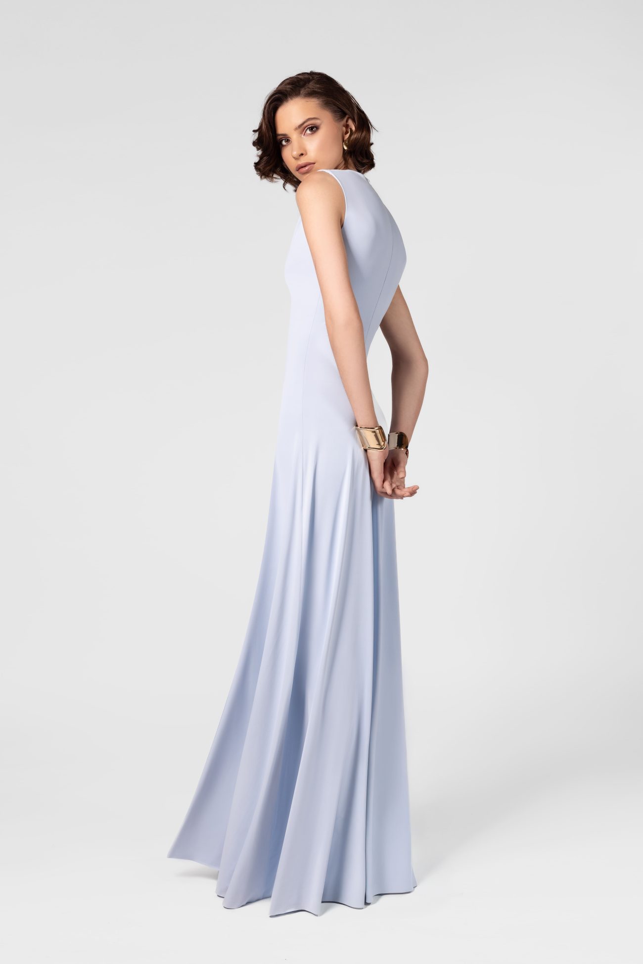Ruched High Neck Ice Blue Maxi Dress - Image 6