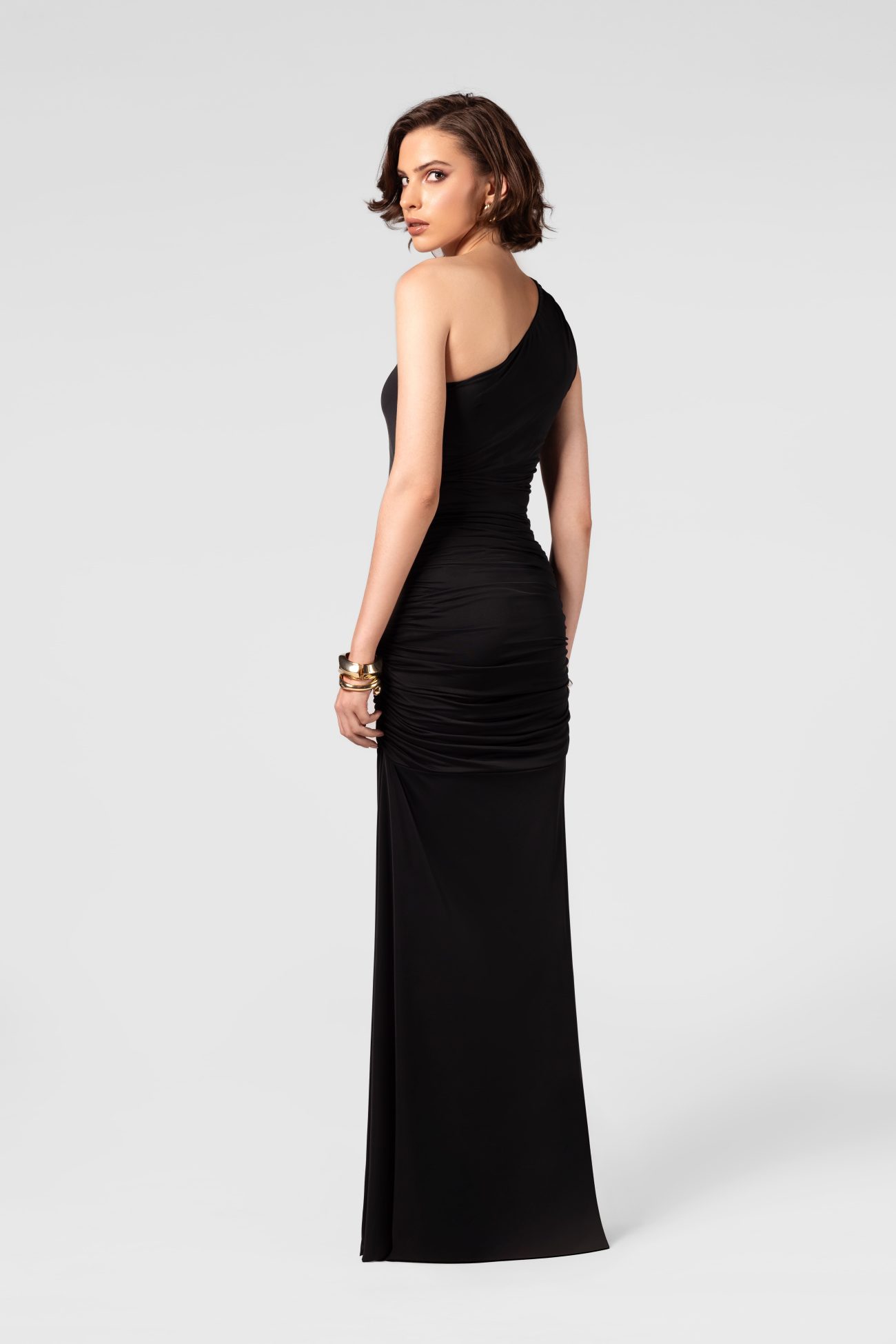 One shoulder Ruched Black Maxi Dress with Hardware - Image 6