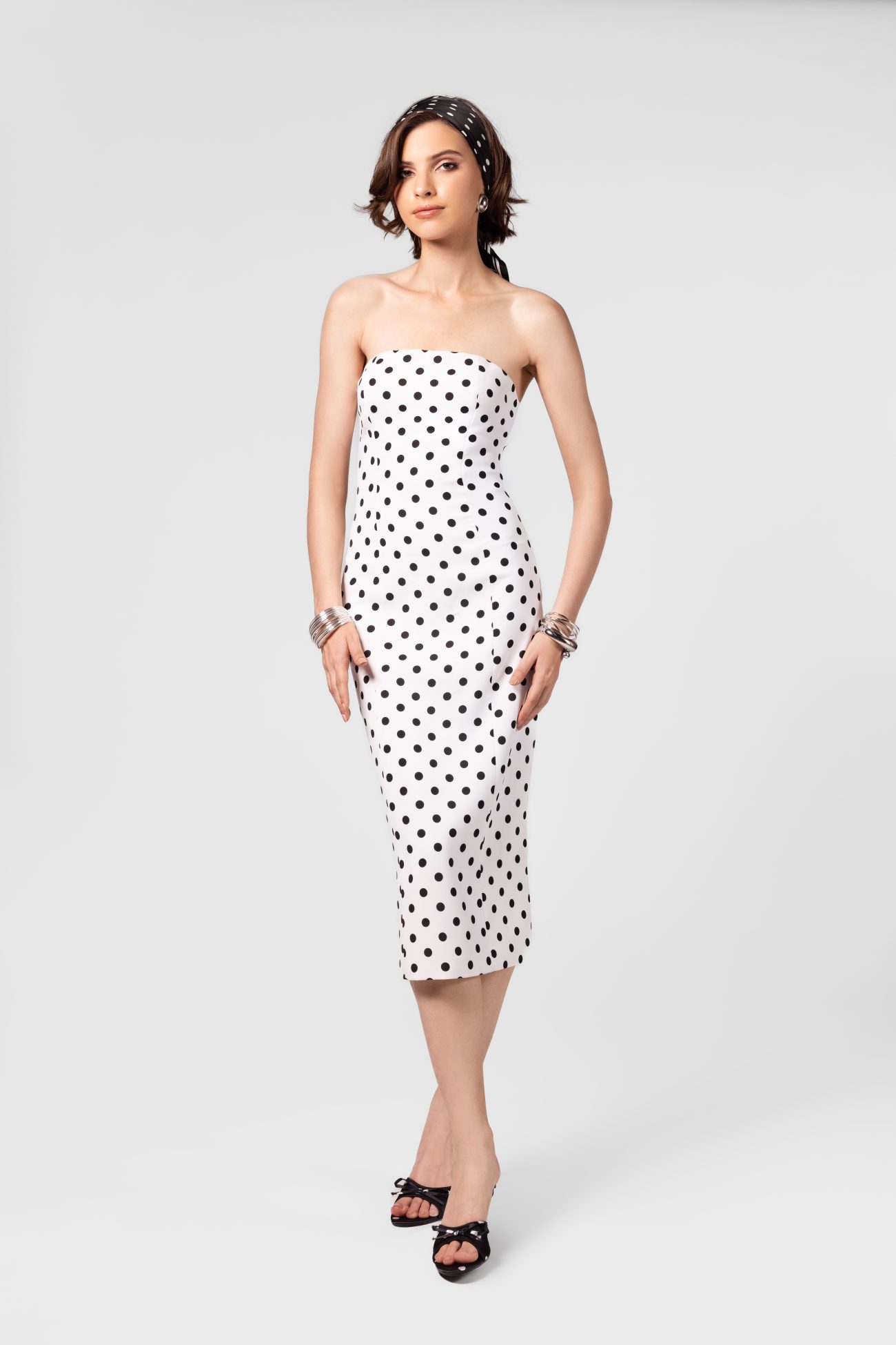 Strapless Polka Dot Linen Midi Dress - Image 4